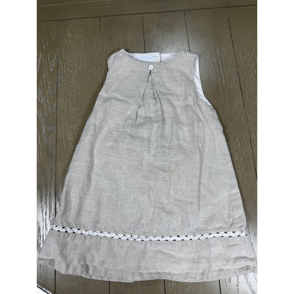 Marie Chantal Dress Girls 4 Beige Linen Shift Sleeveless Ric Rac Trim Summer